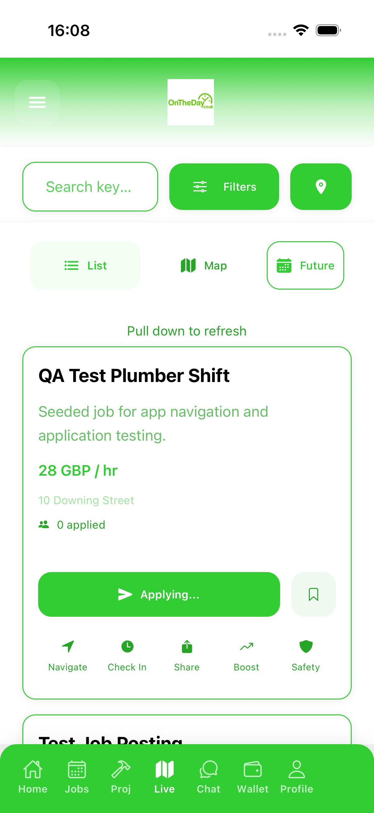 The On The Day iPhone app showing the role-matched Jobs page